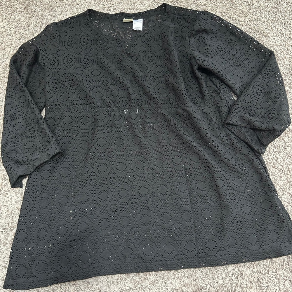 Islander Black‎ Crochet Knit Swim Cover Up Top Blouse Beach Summer Size L